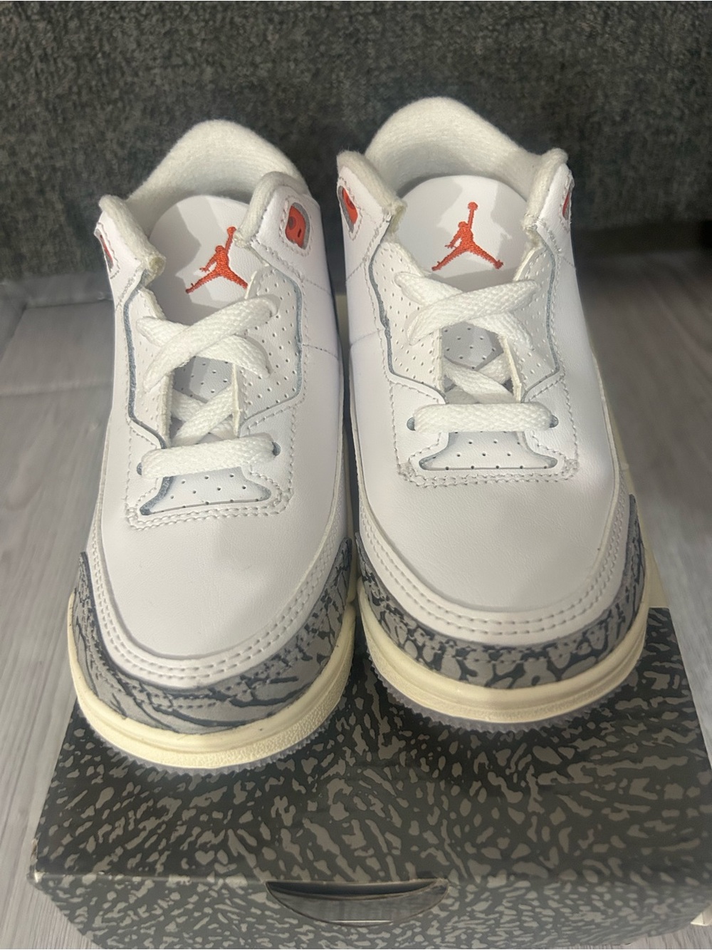 Jordan Kids Retro 3 White Sneakers with Grey Elephant Print and Orange Jumpman